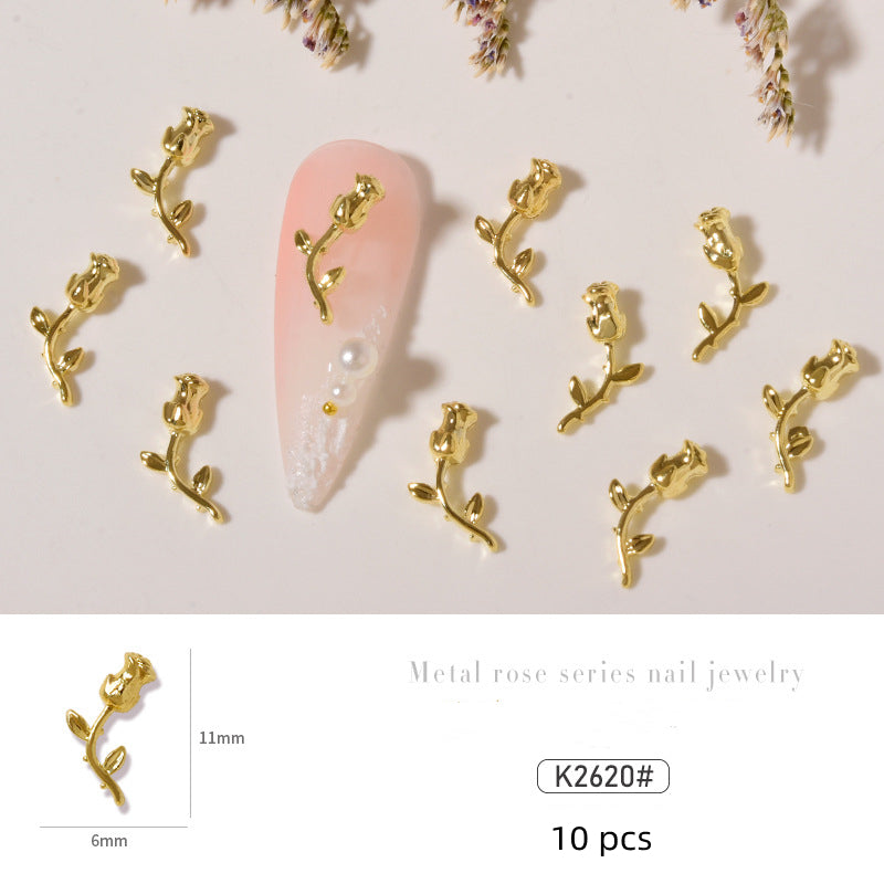 NZJ034 10 pcs/pack nail metal Rose alloy Accessories light luxury 3D Rose silver nail jewelry