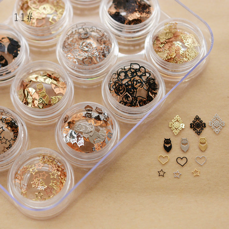 NRD012  1 box Gold Hollow Out Nail Glitter Sequins Mixed Flowers Star Designs Metal Thin Slice Paillette Polish Nails