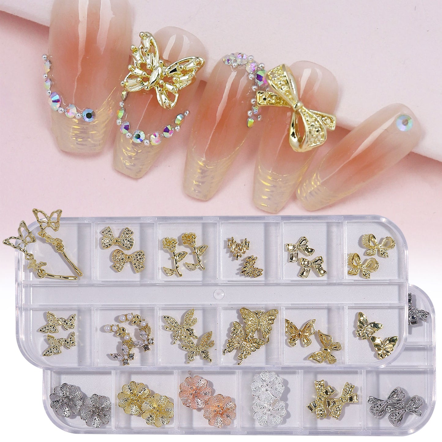 NZJ051  Factory wholesale new alloy pearl rhinestone crystal butterfly box nail jewelry