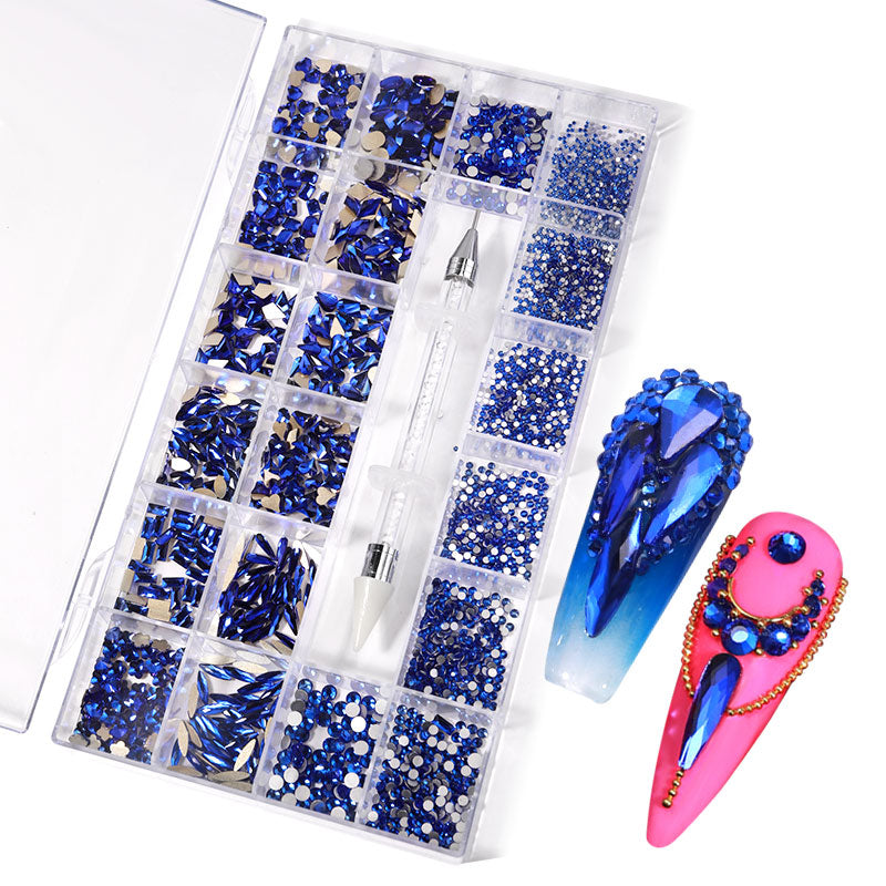 NRB002  Sapphire blue Nail Art Mix Shape Fancy Shaped In Box Flat Bottom Glass nail rhinestone art decoration rhinestones