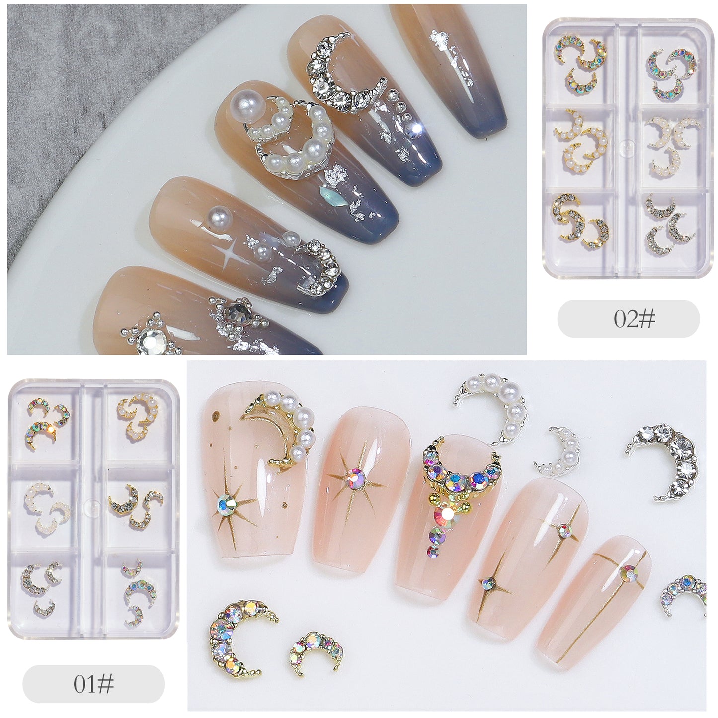 NZJ021 6 grid nail accessories wholesale diamond pearl moon luxury crescent metal alloy nail jewelry