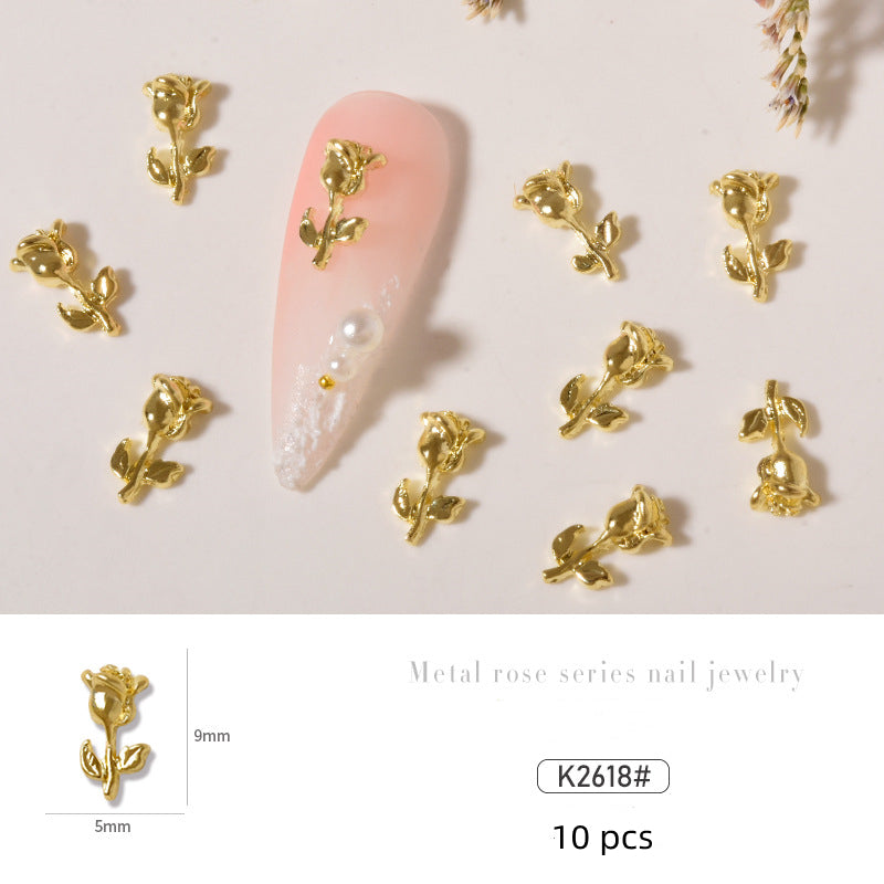 NZJ034 10 pcs/pack nail metal Rose alloy Accessories light luxury 3D Rose silver nail jewelry