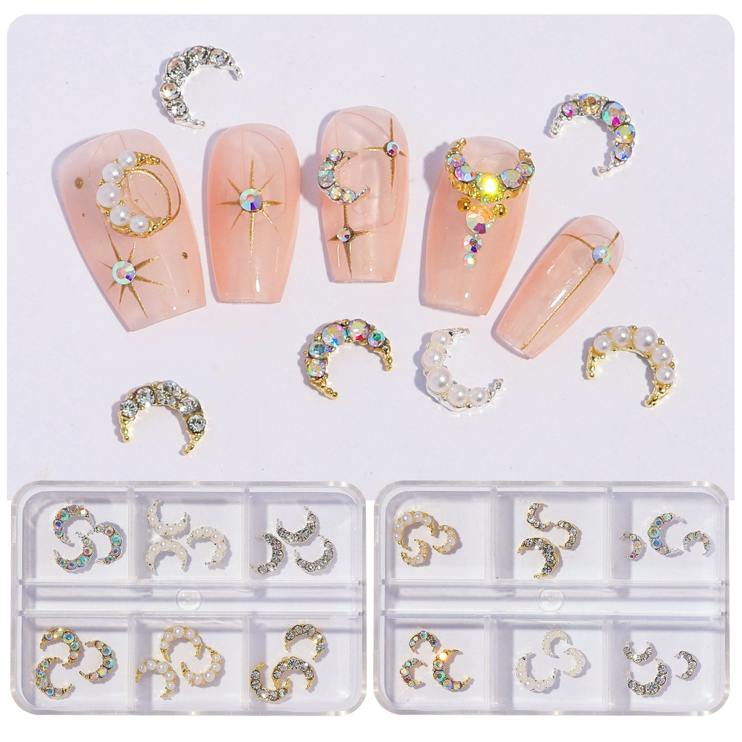 NZJ021 6 grid nail accessories wholesale diamond pearl moon luxury crescent metal alloy nail jewelry