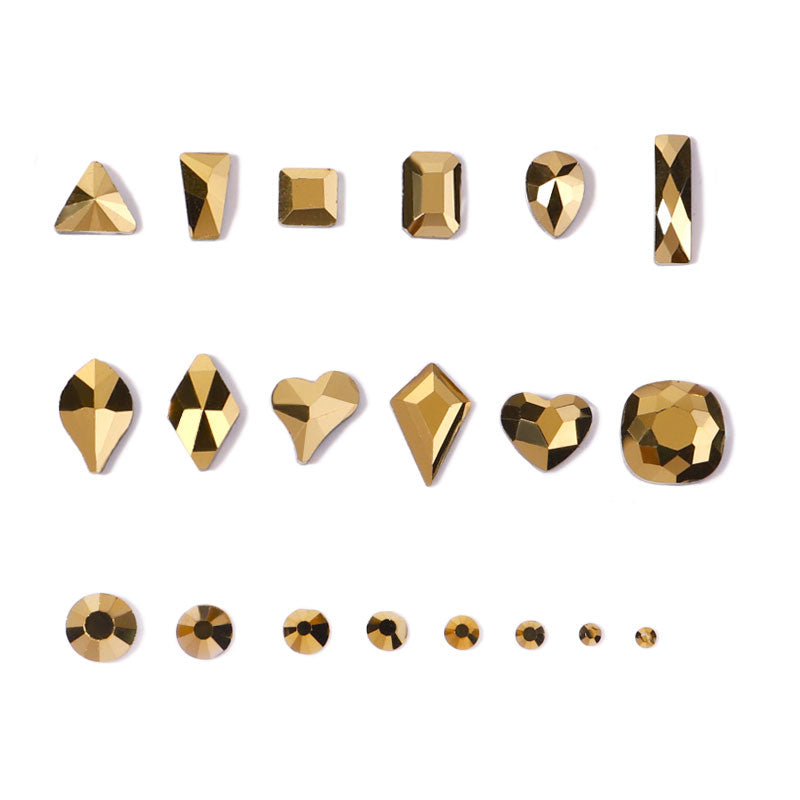 NRB005  Gold Nail Art Mix Shape Fancy Shaped In Box Flat Bottom Glass nail rhinestone art decoration gold rhinestones