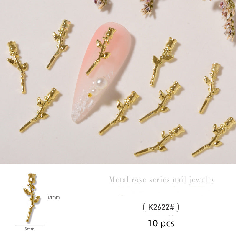 NZJ034 10 pcs/pack nail metal Rose alloy Accessories light luxury 3D Rose silver nail jewelry