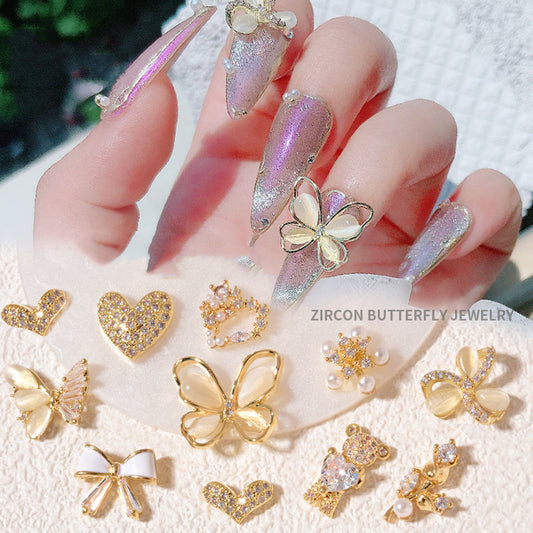 NZJ059  New cat eye butterfly 3D love bear jewelry bow luxury alloy zircon nail decoration