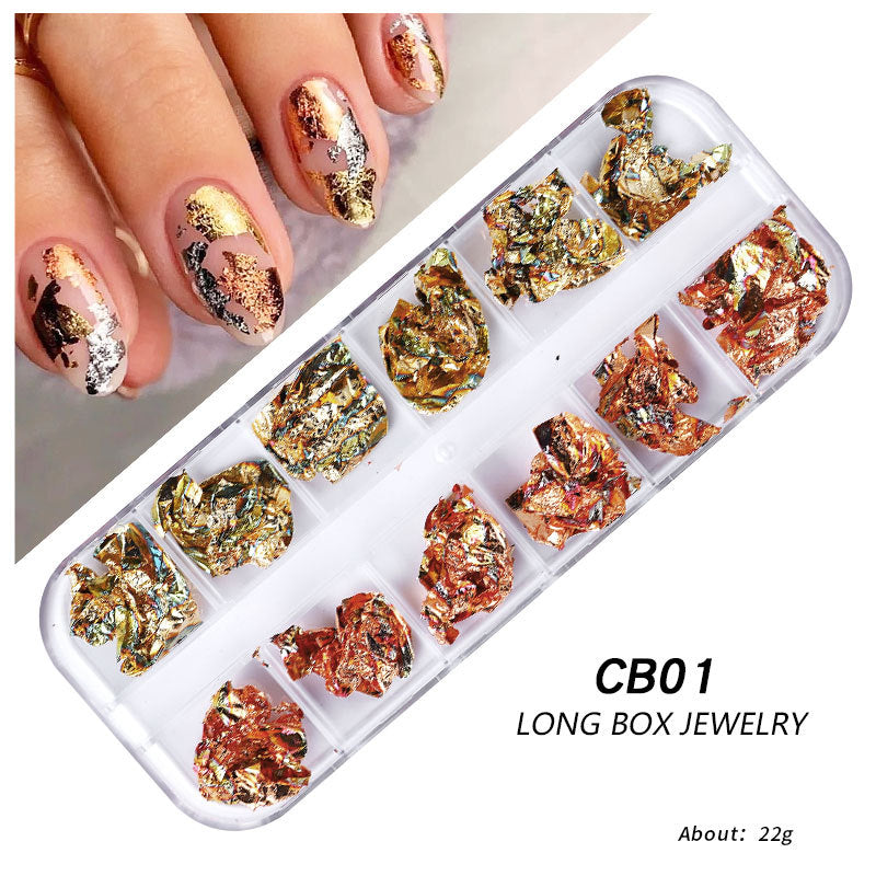 FSMB013 New nail art gold foil silk, 12-color boxed thin gold and silver foil fragments, DIY decorative tin foil