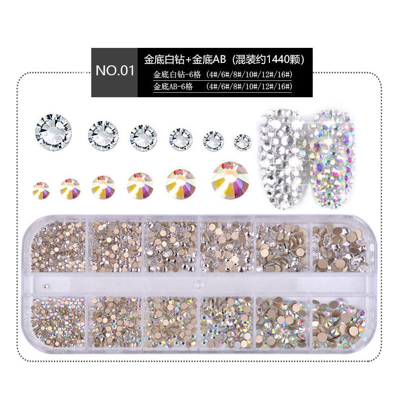 FDMA005 Nail Art Accessories Set, High Silver Flat Bottom Diamonds, AB Water Diamonds, Shiny Diamonds, 1440 Long Boxes