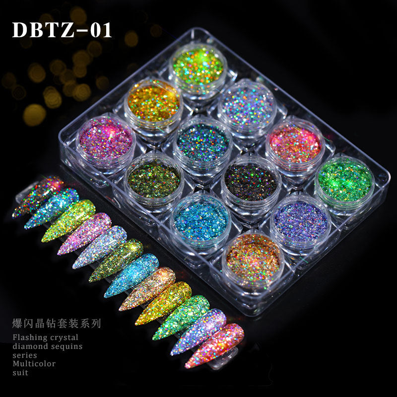 FFMB007 Nail Art Laser Glitter Sequins, 12 Shades of Light Nail Decorations Box, Magic Nail Art Sequins