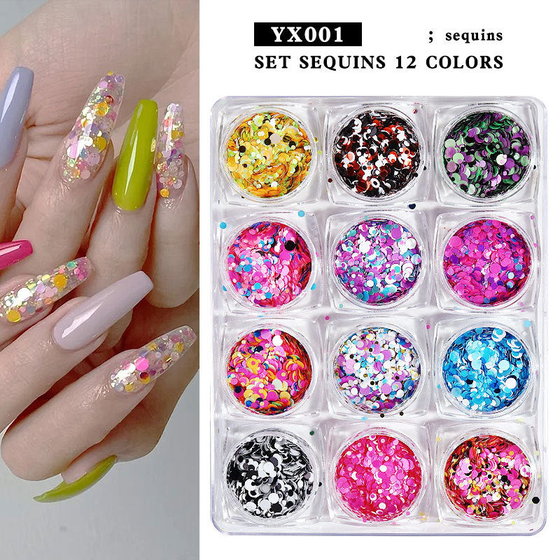 FFMB016 Nail Art Round Sequin Set, Laser Disc, Symphony Mermaid Nail Glitter Set 12 Grid Set