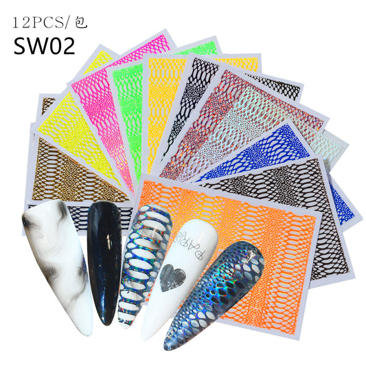 FSMB021 Nail Art Pop Snake Pattern Hollow Nail Sticker Set, Nail Art Mixed New Stickers,12pcs