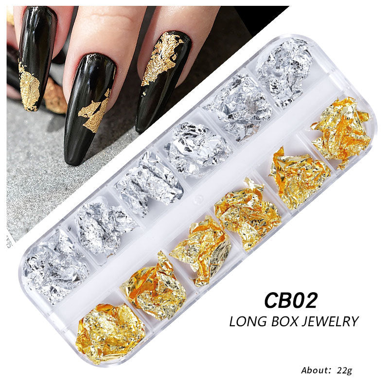 FSMB013 New nail art gold foil silk, 12-color boxed thin gold and silver foil fragments, DIY decorative tin foil