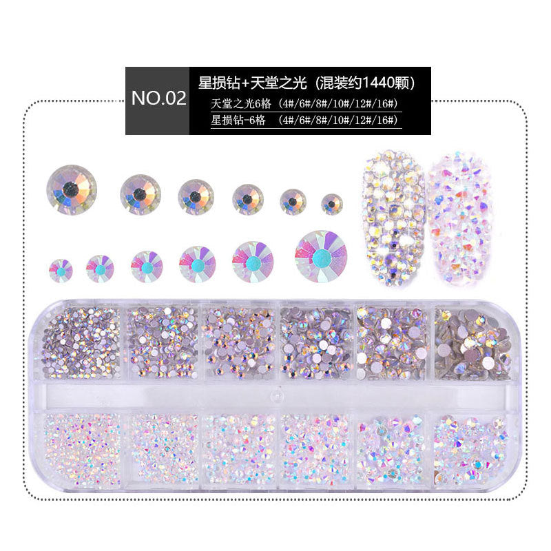 FDMA005 Nail Art Accessories Set, High Silver Flat Bottom Diamonds, AB Water Diamonds, Shiny Diamonds, 1440 Long Boxes