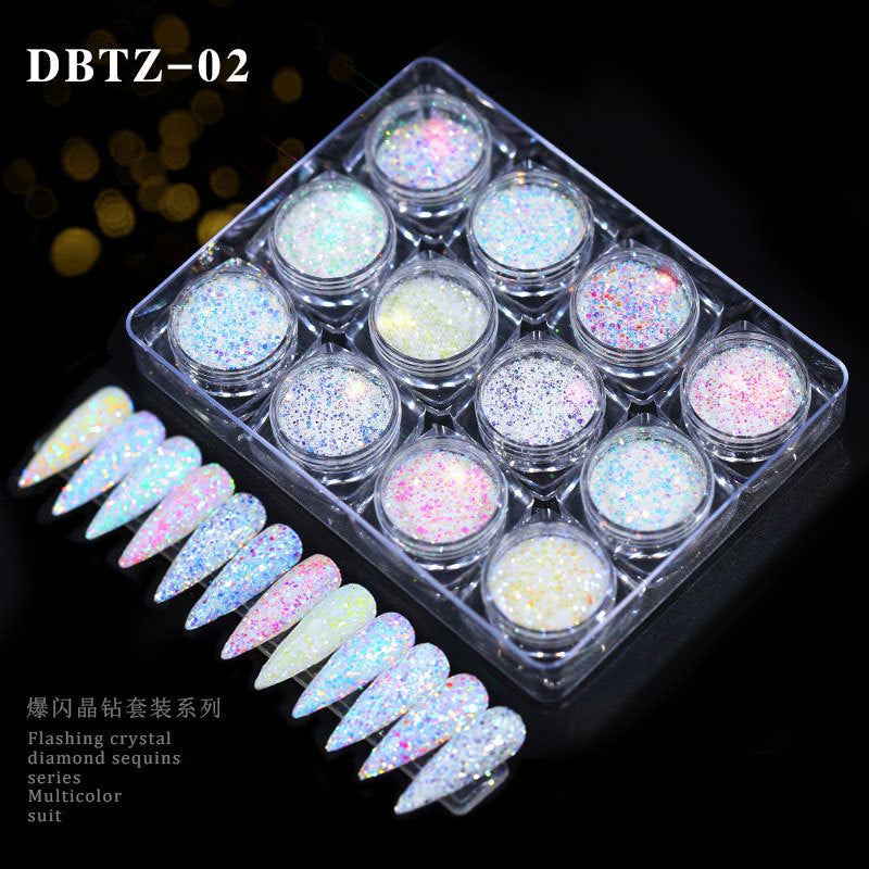 FFMB007 Nail Art Laser Glitter Sequins, 12 Shades of Light Nail Decorations Box, Magic Nail Art Sequins