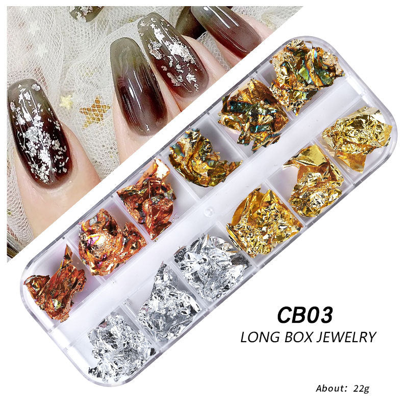 FSMB013 New nail art gold foil silk, 12-color boxed thin gold and silver foil fragments, DIY decorative tin foil