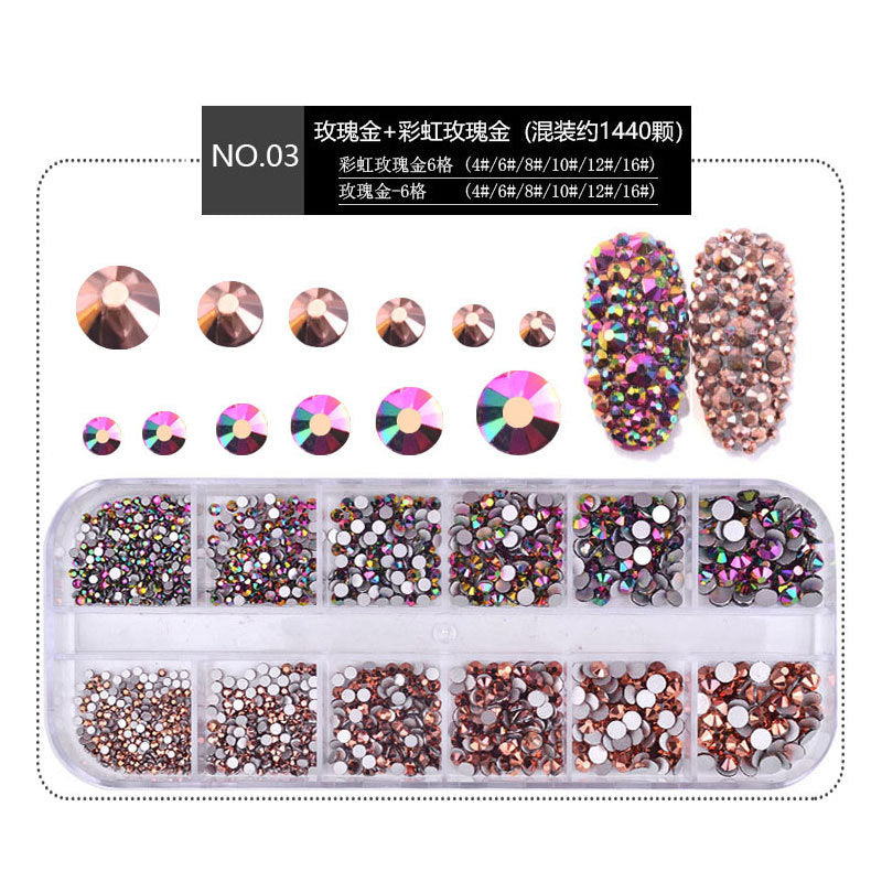 FDMA005 Nail Art Accessories Set, High Silver Flat Bottom Diamonds, AB Water Diamonds, Shiny Diamonds, 1440 Long Boxes