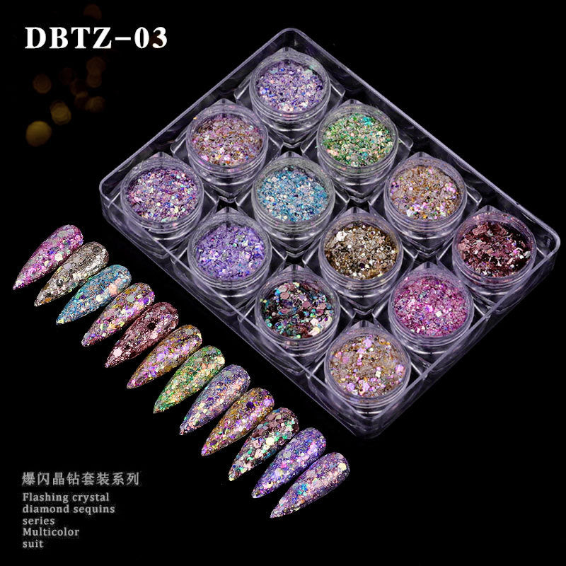 FFMB007 Nail Art Laser Glitter Sequins, 12 Shades of Light Nail Decorations Box, Magic Nail Art Sequins