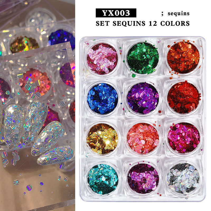 FFMB016 Nail Art Round Sequin Set, Laser Disc, Symphony Mermaid Nail Glitter Set 12 Grid Set