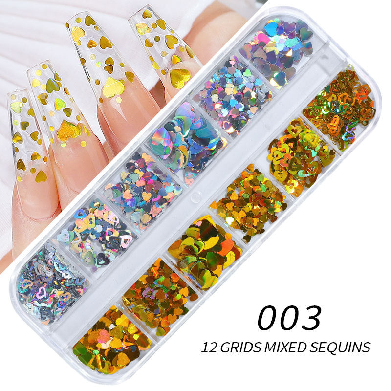 FFMB012 Hot nail sequins, nail gold and silver heart letter laser patch set