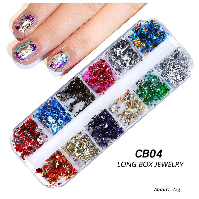 FSMB013 New nail art gold foil silk, 12-color boxed thin gold and silver foil fragments, DIY decorative tin foil