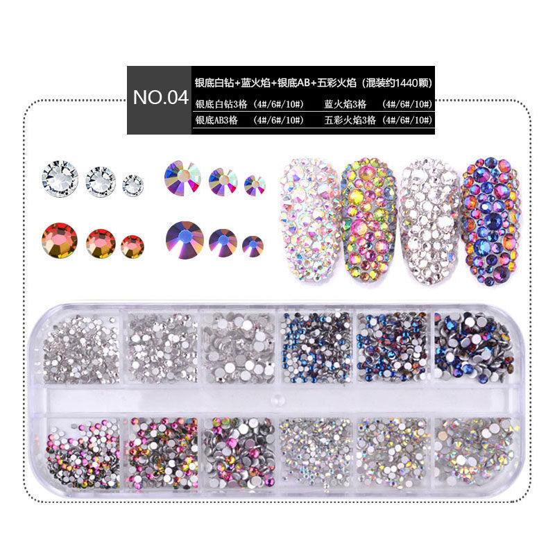 FDMA005 Nail Art Accessories Set, High Silver Flat Bottom Diamonds, AB Water Diamonds, Shiny Diamonds, 1440 Long Boxes