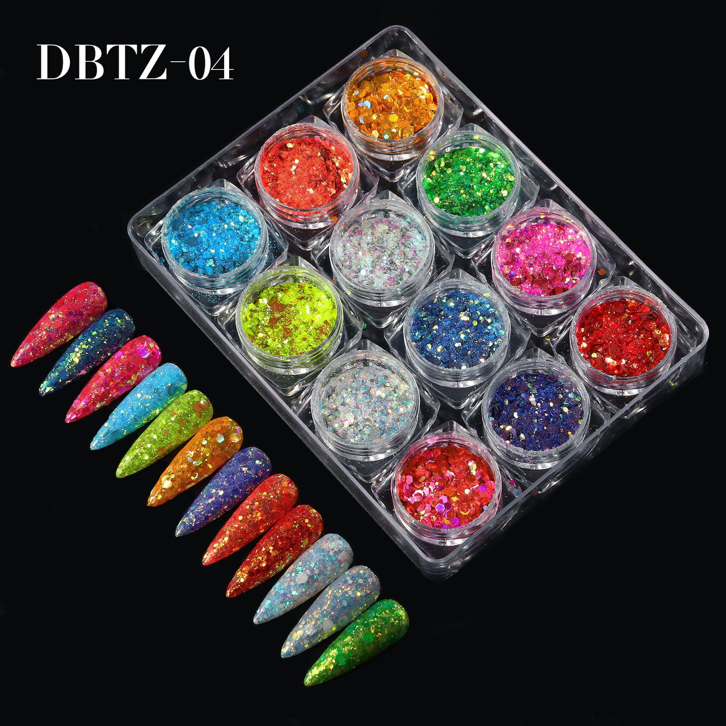 FFMB007 Nail Art Laser Glitter Sequins, 12 Shades of Light Nail Decorations Box, Magic Nail Art Sequins