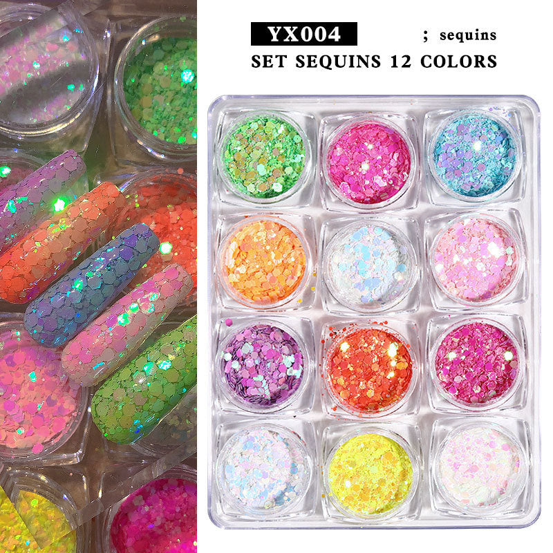 FFMB016 Nail Art Round Sequin Set, Laser Disc, Symphony Mermaid Nail Glitter Set 12 Grid Set