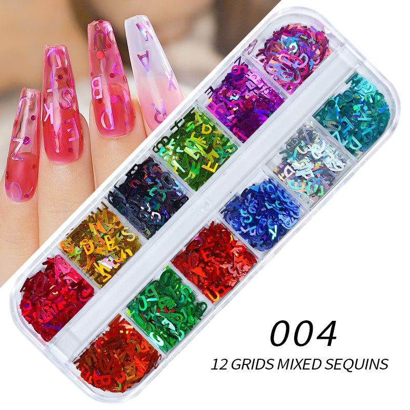 FFMB012 Hot nail sequins, nail gold and silver heart letter laser patch set