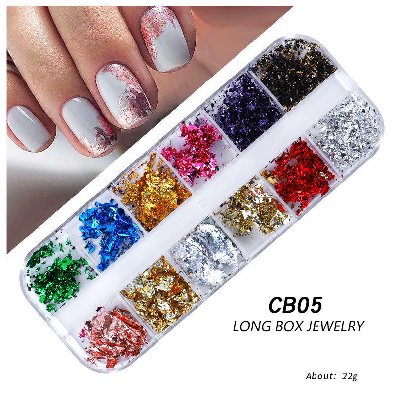 FSMB013 New nail art gold foil silk, 12-color boxed thin gold and silver foil fragments, DIY decorative tin foil