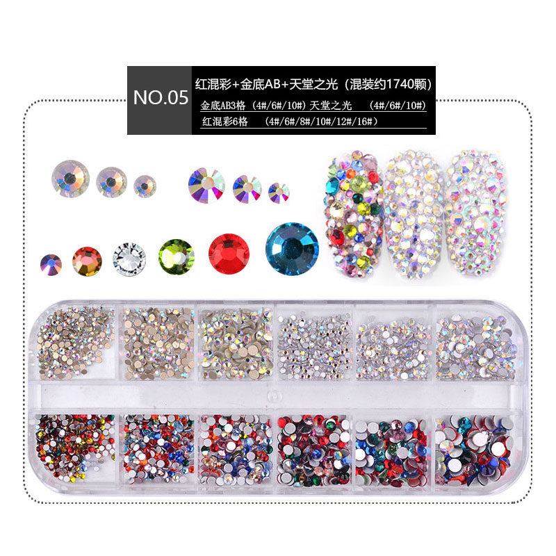 FDMA005 Nail Art Accessories Set, High Silver Flat Bottom Diamonds, AB Water Diamonds, Shiny Diamonds, 1440 Long Boxes