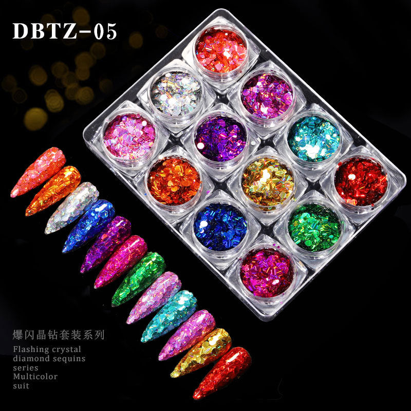 FFMB007 Nail Art Laser Glitter Sequins, 12 Shades of Light Nail Decorations Box, Magic Nail Art Sequins