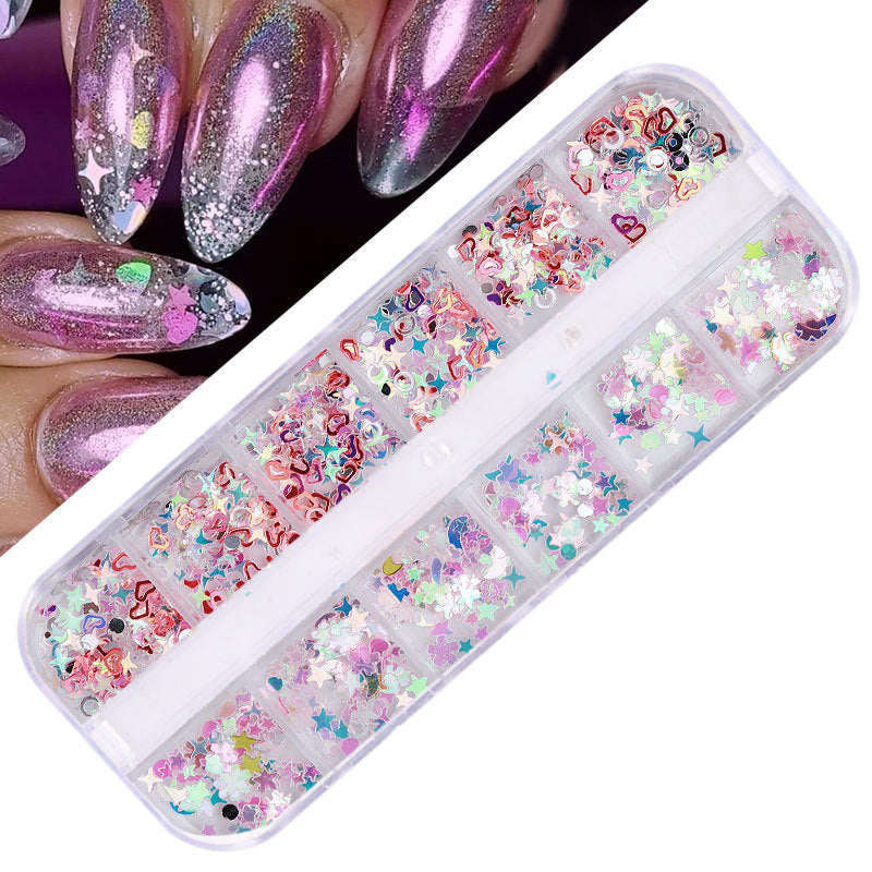 FFMB004 Hot selling nail art sequins love, laser magic butterfly fluorescent luminous sequins boxed