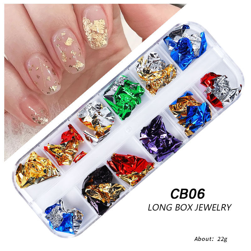 FSMB013 New nail art gold foil silk, 12-color boxed thin gold and silver foil fragments, DIY decorative tin foil