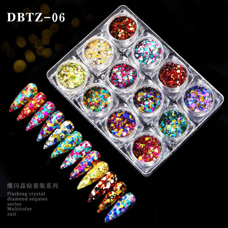 FFMB007 Nail Art Laser Glitter Sequins, 12 Shades of Light Nail Decorations Box, Magic Nail Art Sequins