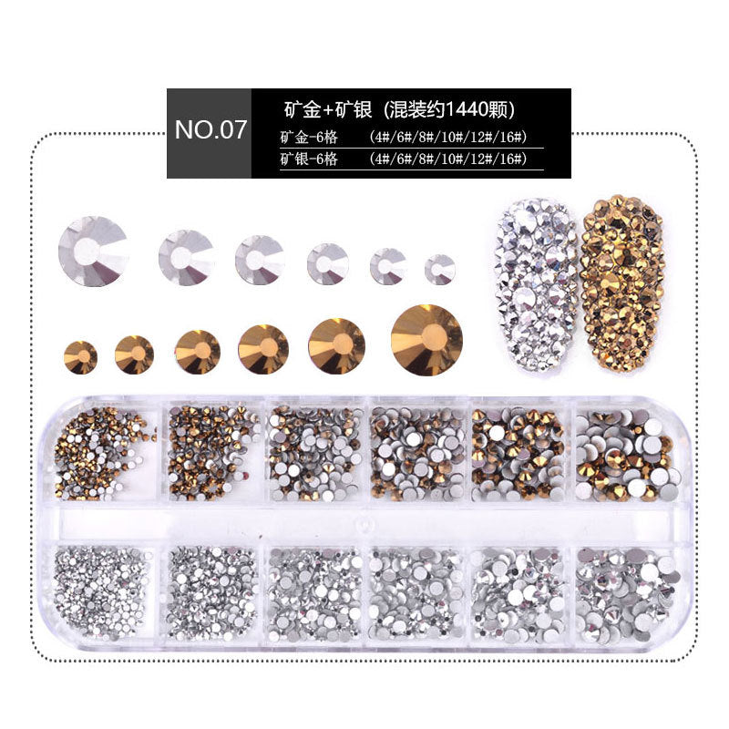 FDMA005 Nail Art Accessories Set, High Silver Flat Bottom Diamonds, AB Water Diamonds, Shiny Diamonds, 1440 Long Boxes