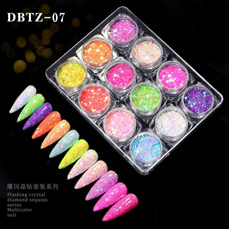 FFMB007 Nail Art Laser Glitter Sequins, 12 Shades of Light Nail Decorations Box, Magic Nail Art Sequins