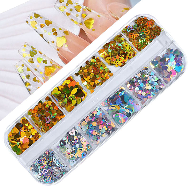 FFMB004 Hot selling nail art sequins love, laser magic butterfly fluorescent luminous sequins boxed