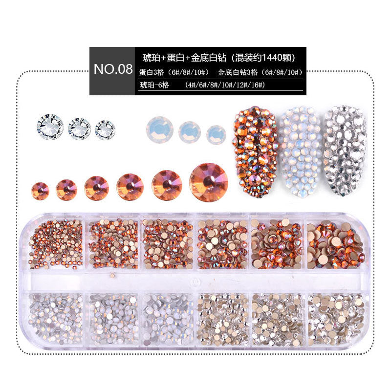 FDMA005 Nail Art Accessories Set, High Silver Flat Bottom Diamonds, AB Water Diamonds, Shiny Diamonds, 1440 Long Boxes