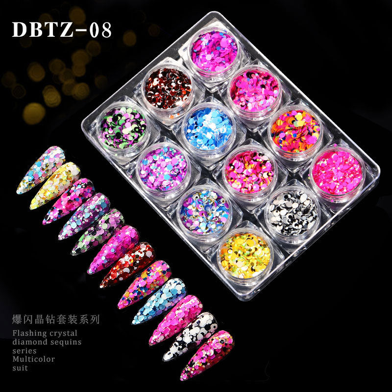 FFMB007 Nail Art Laser Glitter Sequins, 12 Shades of Light Nail Decorations Box, Magic Nail Art Sequins