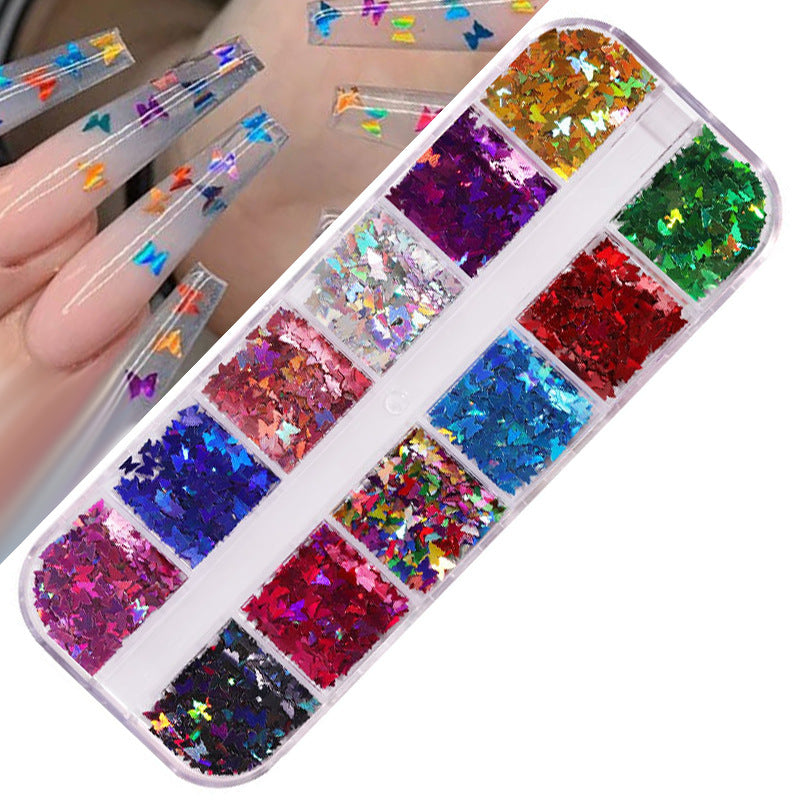 FFMB004 Hot selling nail art sequins love, laser magic butterfly fluorescent luminous sequins boxed