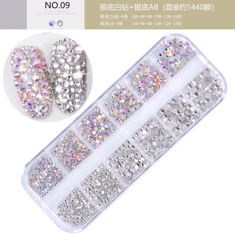 FDMA005 Nail Art Accessories Set, High Silver Flat Bottom Diamonds, AB Water Diamonds, Shiny Diamonds, 1440 Long Boxes