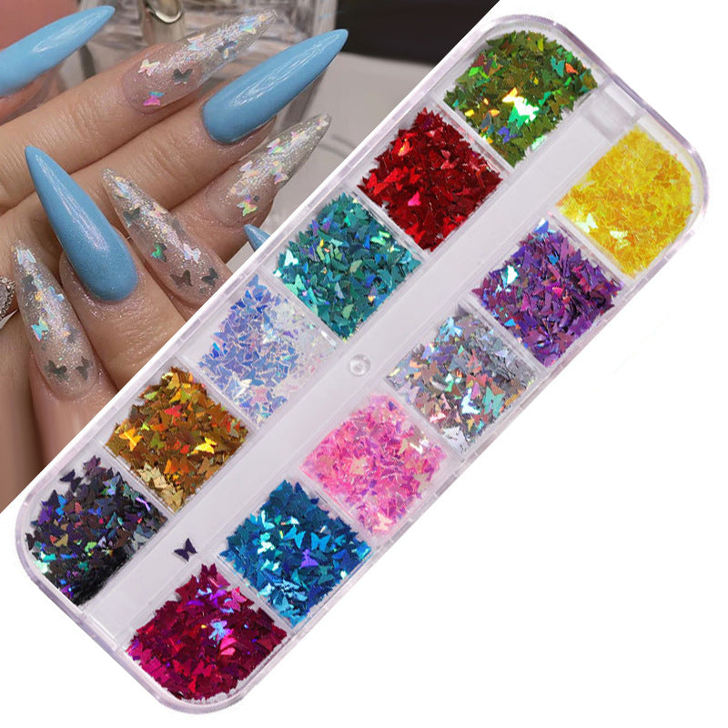 FFMB004 Hot selling nail art sequins love, laser magic butterfly fluorescent luminous sequins boxed