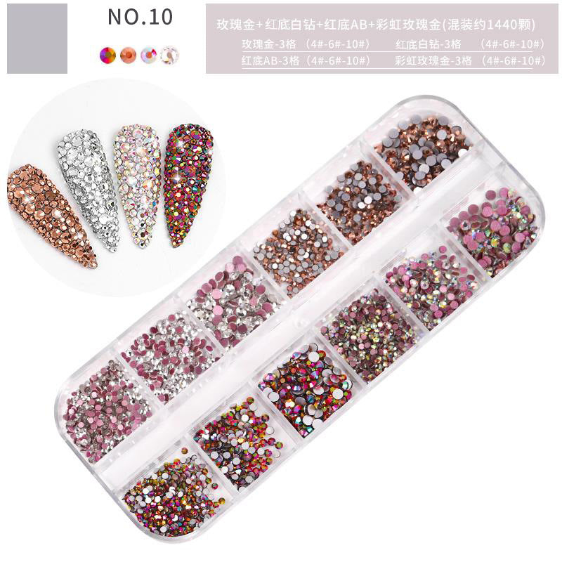 FDMA005 Nail Art Accessories Set, High Silver Flat Bottom Diamonds, AB Water Diamonds, Shiny Diamonds, 1440 Long Boxes