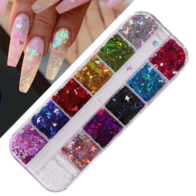 FFMB004 Hot selling nail art sequins love, laser magic butterfly fluorescent luminous sequins boxed