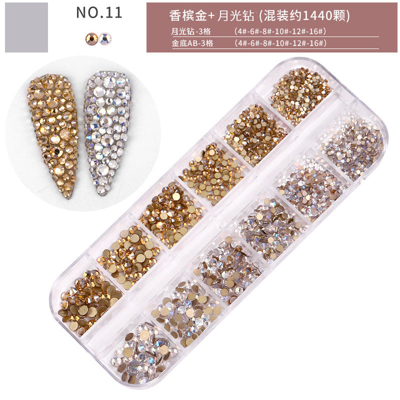 FDMA005 Nail Art Accessories Set, High Silver Flat Bottom Diamonds, AB Water Diamonds, Shiny Diamonds, 1440 Long Boxes