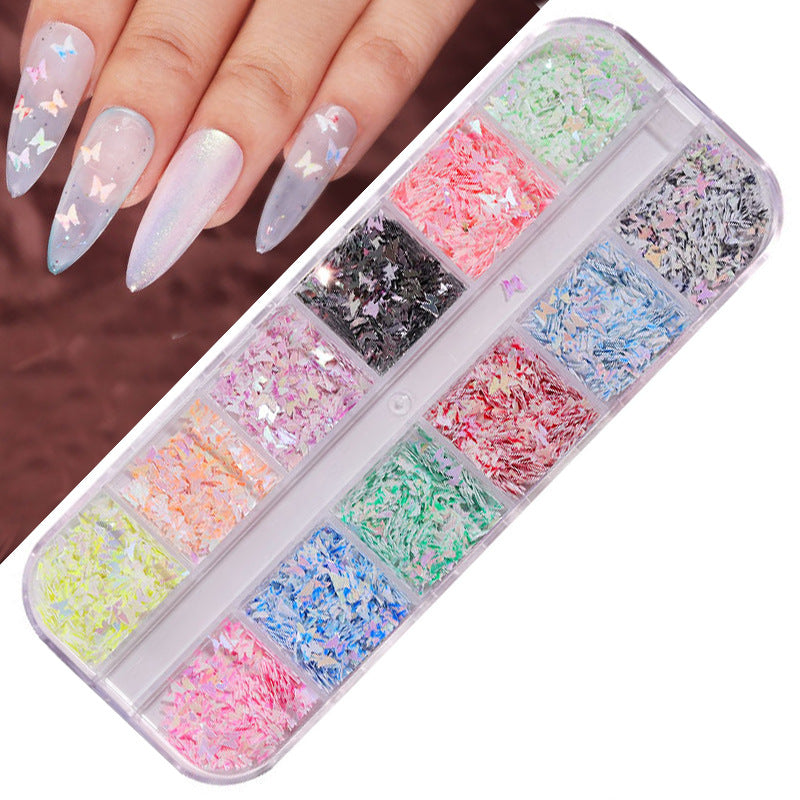 FFMB004 Hot selling nail art sequins love, laser magic butterfly fluorescent luminous sequins boxed