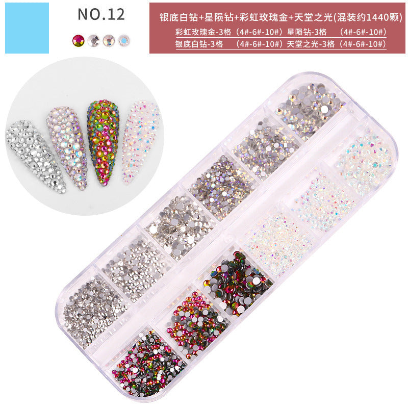 FDMA005 Nail Art Accessories Set, High Silver Flat Bottom Diamonds, AB Water Diamonds, Shiny Diamonds, 1440 Long Boxes