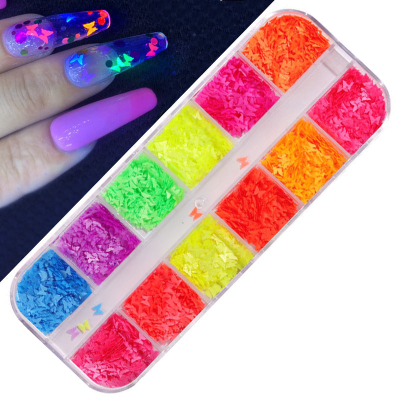 FFMB004 Hot selling nail art sequins love, laser magic butterfly fluorescent luminous sequins boxed