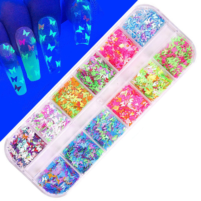 FFMB004 Hot selling nail art sequins love, laser magic butterfly fluorescent luminous sequins boxed