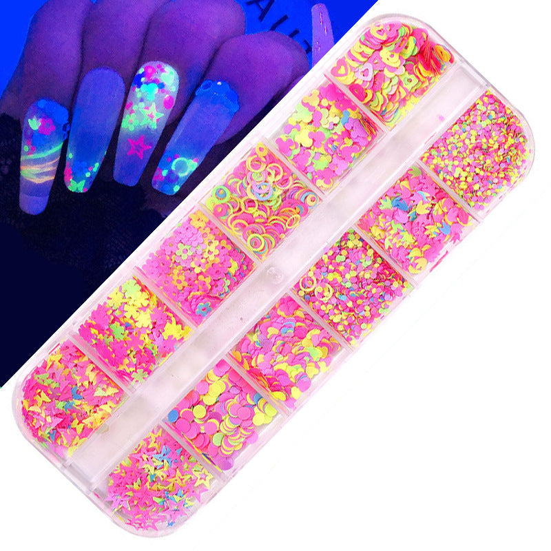 FFMB004 Hot selling nail art sequins love, laser magic butterfly fluorescent luminous sequins boxed